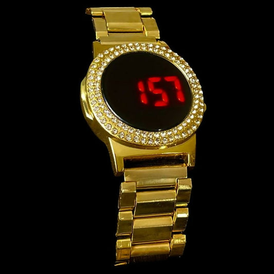 Digital Iced Dial Gold Watch + Stainless Steel Strap