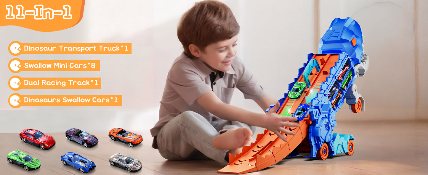 Transport Dinosaur Truck with Foldable Sliding Race Track Transforms into Standing T-rex Best DIY Birthday Gifts Toys Boys Girls