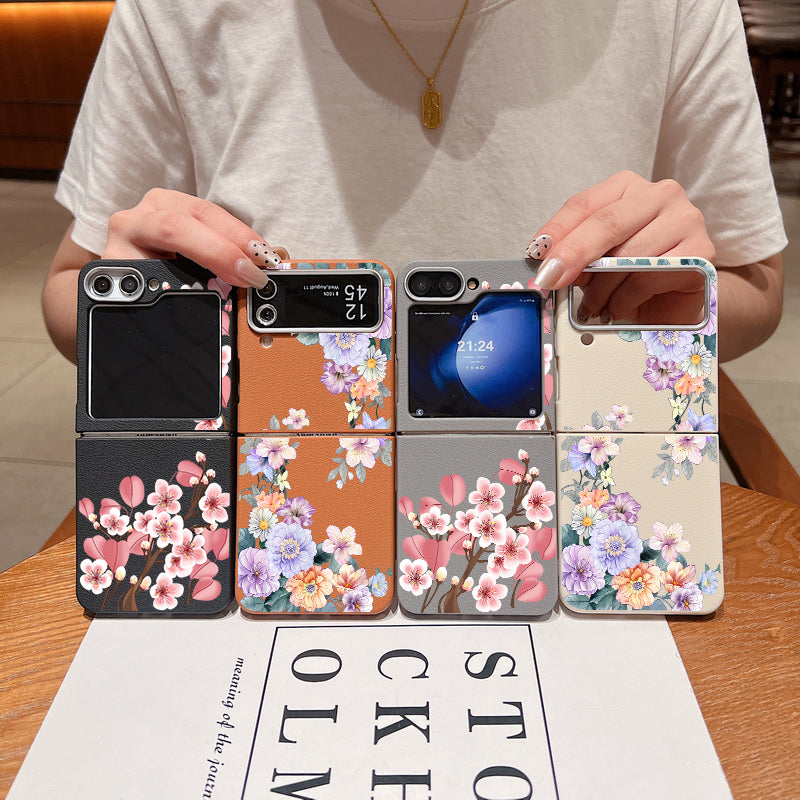 For Samsung Galaxy Z Flip 7 FE 6 5 3 4 Leather Texture Phone Case Floral Flower Soft TPU Folding Cover For Samsung Z Flip5 Flip6