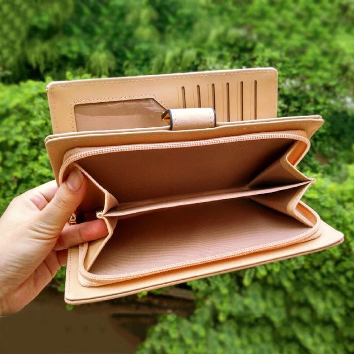 Elegant PU Leather Women's Long Wallet with Gold Hollow Leaf Design