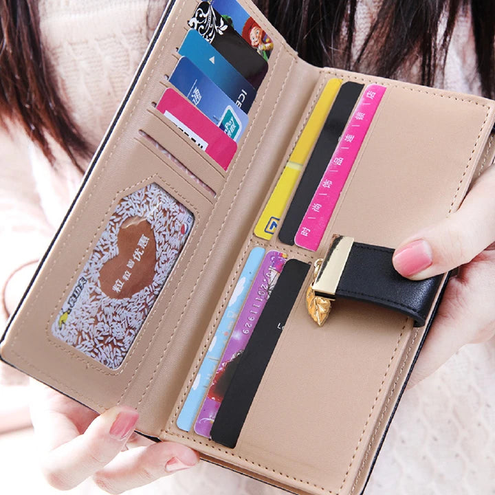 Elegant PU Leather Women's Long Wallet with Gold Hollow Leaf Design