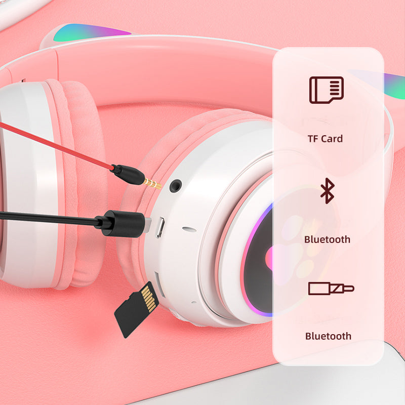 Vedo Flash Lamp Cute Cat Ears Bluetooth 5.0 Wireless Kids Headphones with Mic