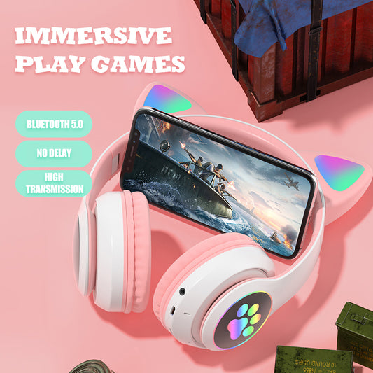 Vedo Flash Lamp Cute Cat Ears Bluetooth 5.0 Wireless Kids Headphones with Mic