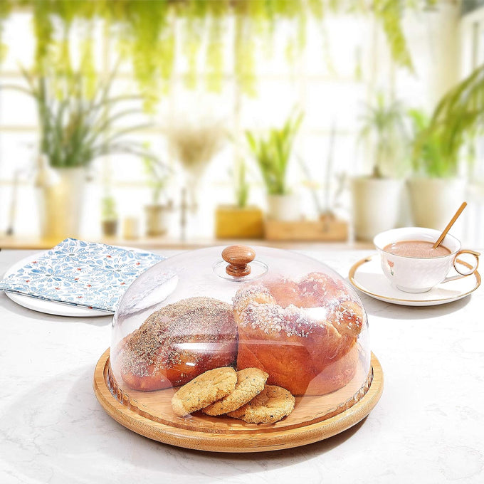 Bamboo Rotating Cake Stand with Dome, Round Cake Plate with Acrylic Lid