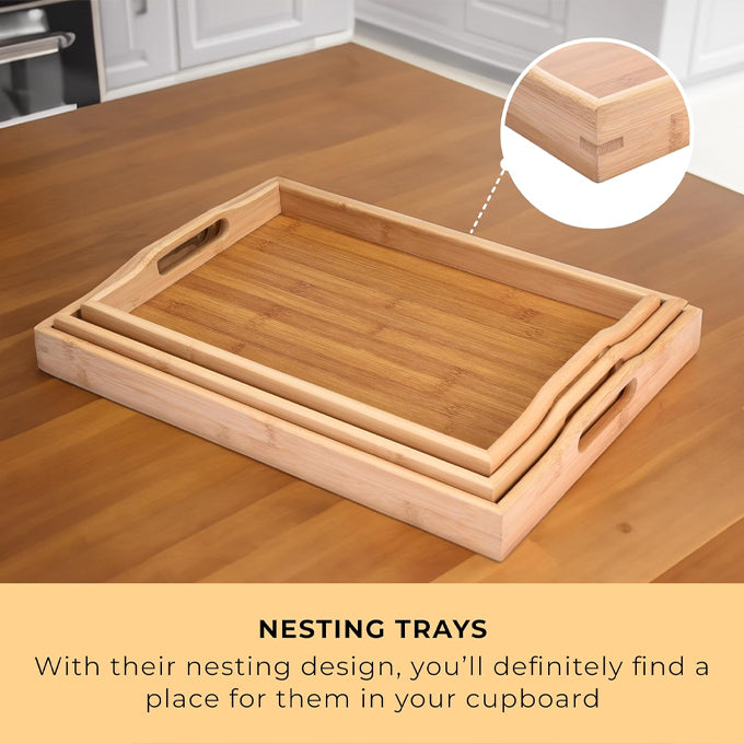 3-Piece Set Bamboo Serving Trays with Handles