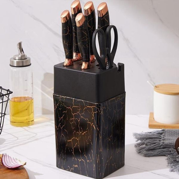 Knife Block Set with Sharpener Hole, 7-Piece Stainless Steel Non-stick Rose Gold Knife Sets