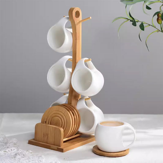 Fashion ceramic 6 cups, 200ml with wooden bamboo stand and 6 bamboo coasters