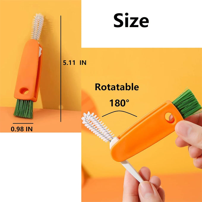 3 in 1 Multifunctional Mini Cleaning Brush, Suitable for Kitchen Water Bottle Cover Feeding Nozzle Glass Cup Crevice Orange