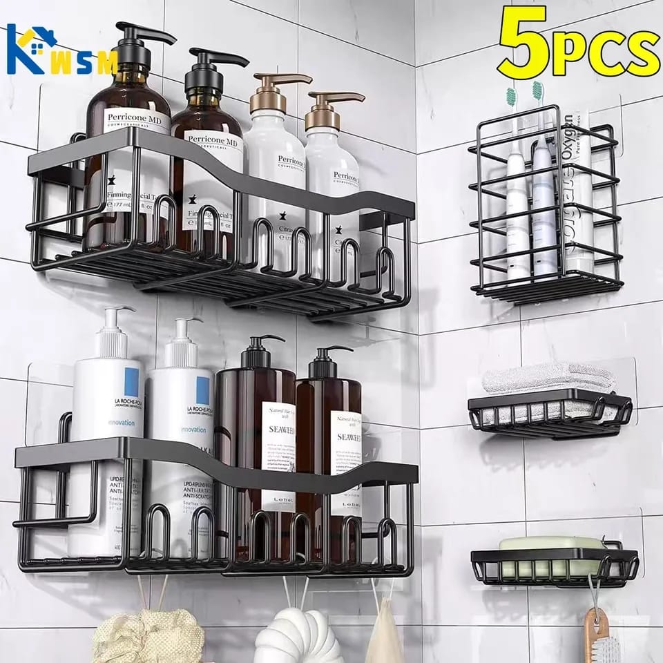Heavy-Duty Carbon Steel Corner Shower Caddy Set (5-Pack) – Rust-Resistant, Adhesive, Space-Saving Organizer