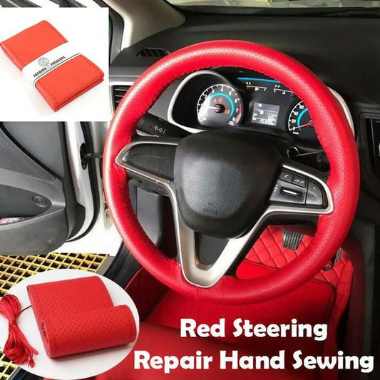 Red Breathable Hole Faux PU Leather Hand Stiching Sewing Car Steering Wheel Cover