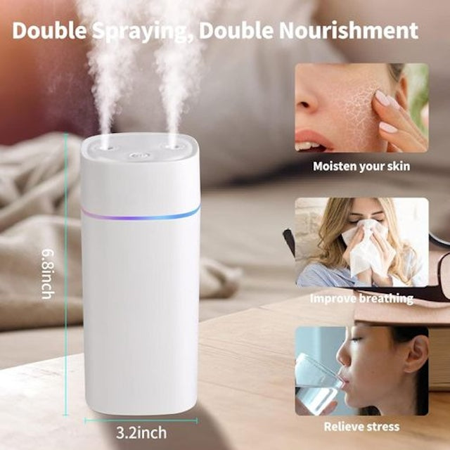 Quiet 600ml Humidifier, Multipurpose Mini Double Jet Portable Humidifier for Double Nourishment, Car Humidifier