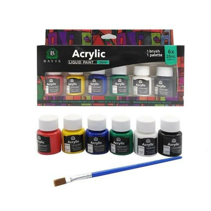 6pcs 25ml Acrylic Paint + 1 Brush & Palette Students DIY Drawing Craft Fabric