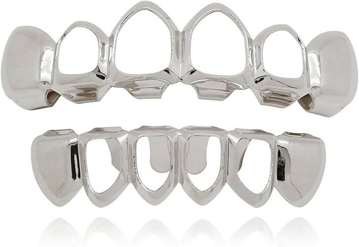 Top & Bottom Hollow Teeth GRILLZ (Silver)