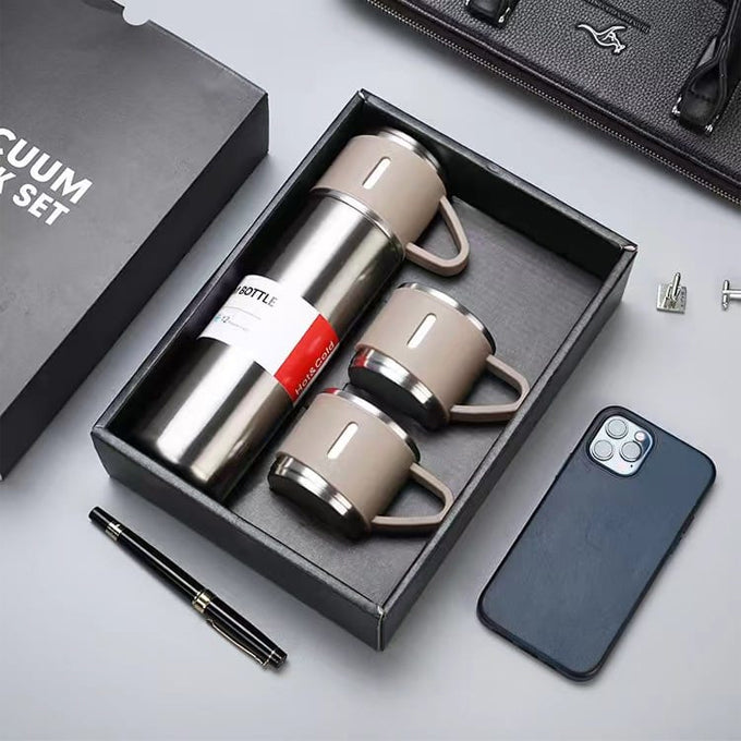 Premium steel gift pack stainless steel double wall thermal flask with silicone handle and insulated lid with 2 stainless steel hot and cold beverage cups