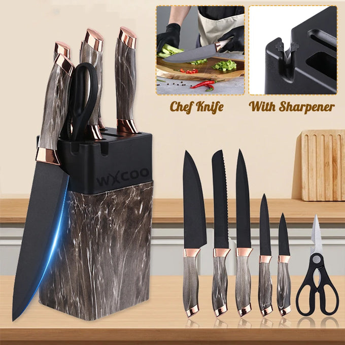 Knife Block Set with Sharpener Hole, 7-Piece Stainless Steel Non-stick Rose Gold Knife Sets