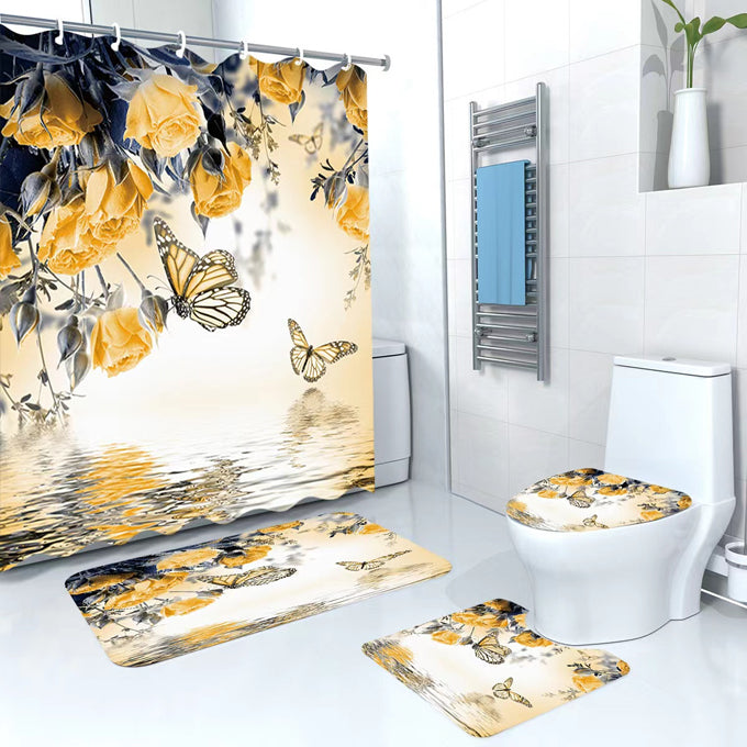 3D 4 in 1 bathroom woolen mats with a waterproof shower curtain