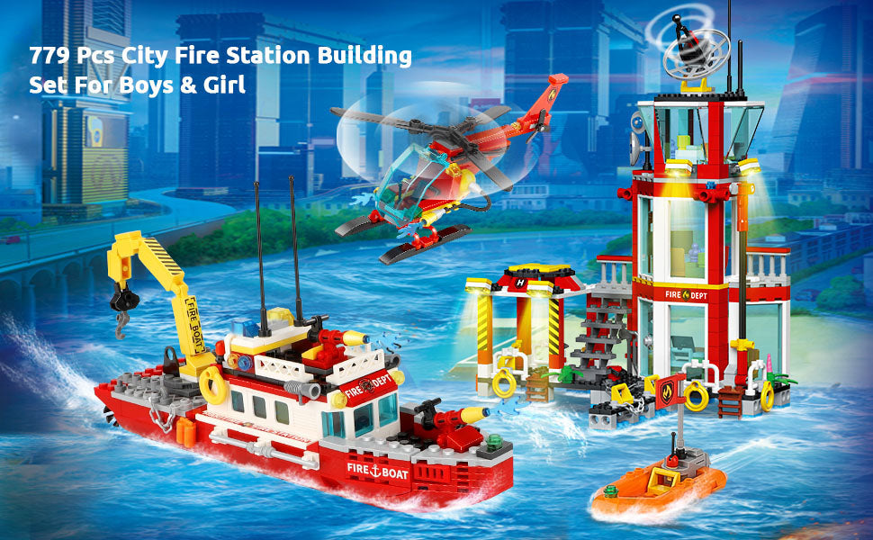 City Oceans Fire Station Building Kit fire Station Set with Fire Station/Fire Helicopter/Fire Ship/Rescue Boat, Gifts for Boys