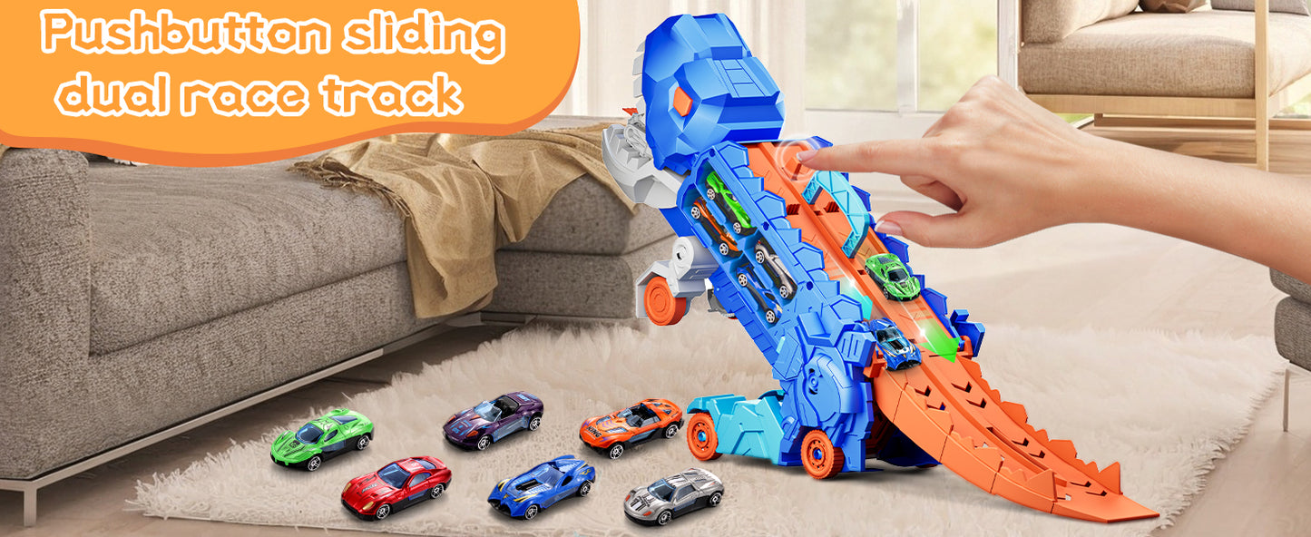 Transport Dinosaur Truck with Foldable Sliding Race Track Transforms into Standing T-rex Best DIY Birthday Gifts Toys Boys Girls