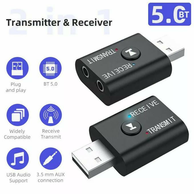 TV PC Car Mini 3.5mm Bluetooth 5.0 + EDR Transmitter Receiver USB Audio Stereo Adapter