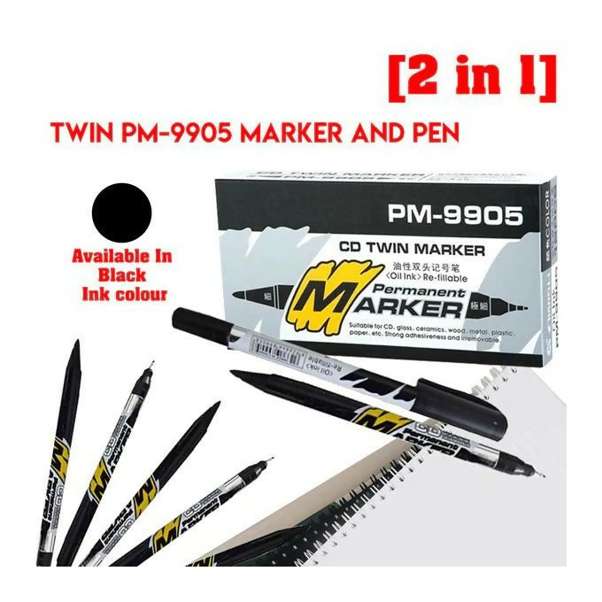 Changli 12 Pcs PM-9905 2 In 1 CD Twin Permanent Marker And Pen Both Side Black Colour