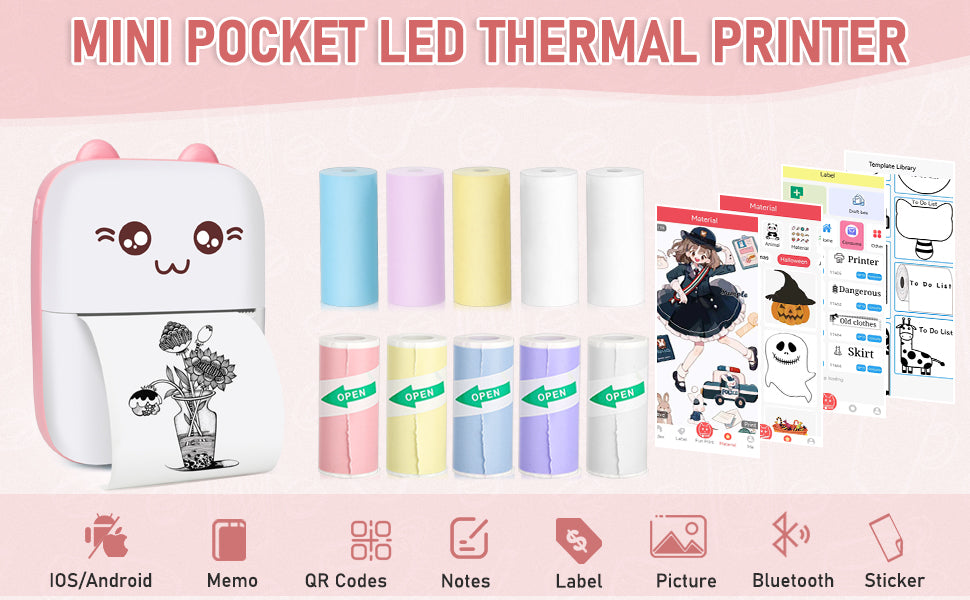 Mini 58mm Portable Thermal Printer Cat Shapes Wireless Photo Label Memo Wrong Question Printing With USB Cable Portable Printer