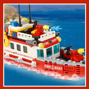 City Oceans Fire Station Building Kit fire Station Set with Fire Station/Fire Helicopter/Fire Ship/Rescue Boat, Gifts for Boys