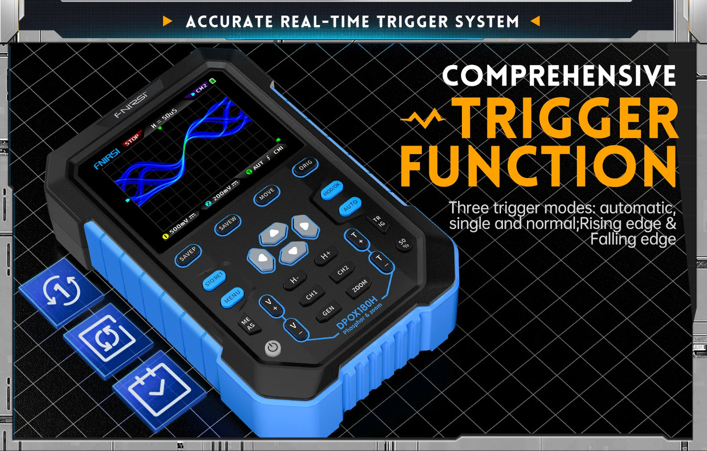 FNIRSI DPOX180H Handheld Dual Channel Digital Oscilloscope 180MHz-3DB 2 In 1 Function Signal Generator Fluorescence Display ZOOM