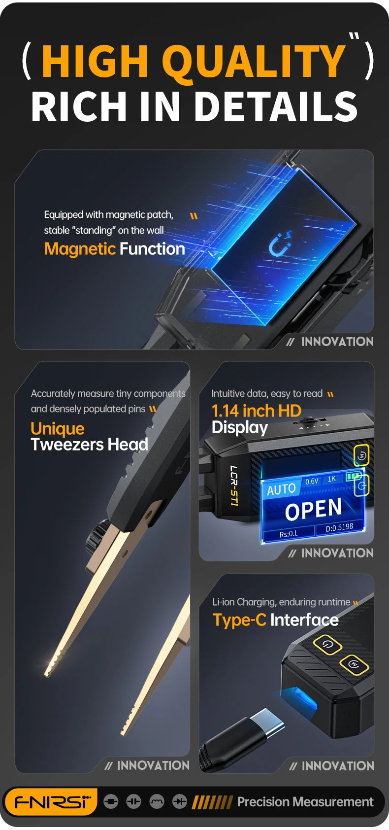 FNIRSI LCR-ST1 Mini Smart Tweezer LCR SMD ESR Tester Resistance Capacitance Inductance Continuity Diode Test Measurement Tools