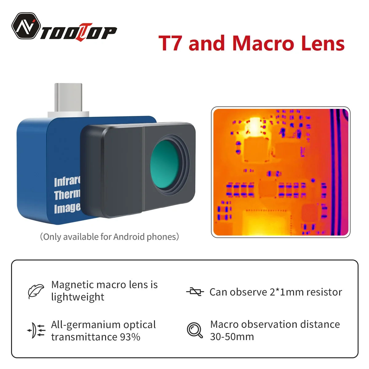 TOOLTOP T7 256*192 Android Type-C Thermal Imager 25Hz Mobile Thermal Imaging Camera for Solar Panel Power Device Fault Detect