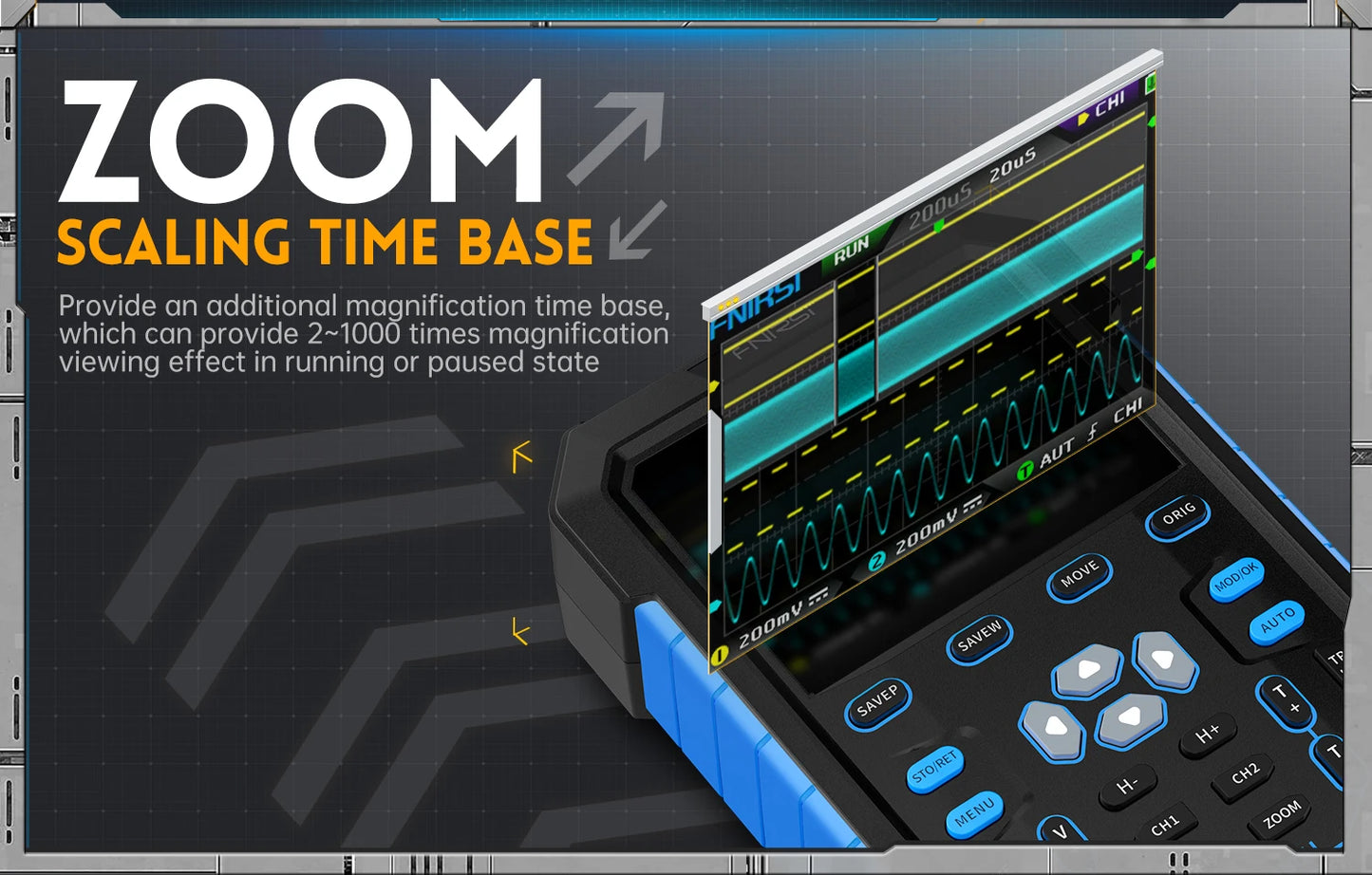 FNIRSI DPOX180H Handheld Dual Channel Digital Oscilloscope 180MHz-3DB 2 In 1 Function Signal Generator Fluorescence Display ZOOM
