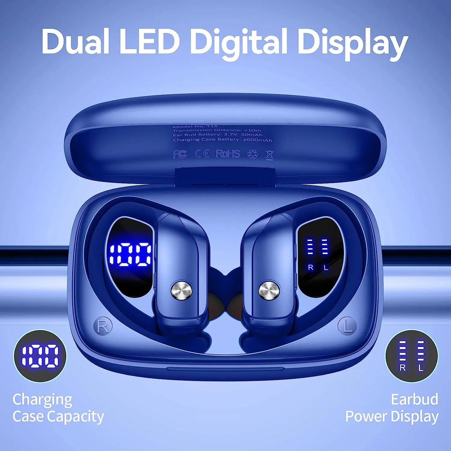 Wireless Earbuds Bluetooth Headphones 48hrs Play Back Sport Earphones with LED Display Over-Ear Buds Headset for Workout Blue