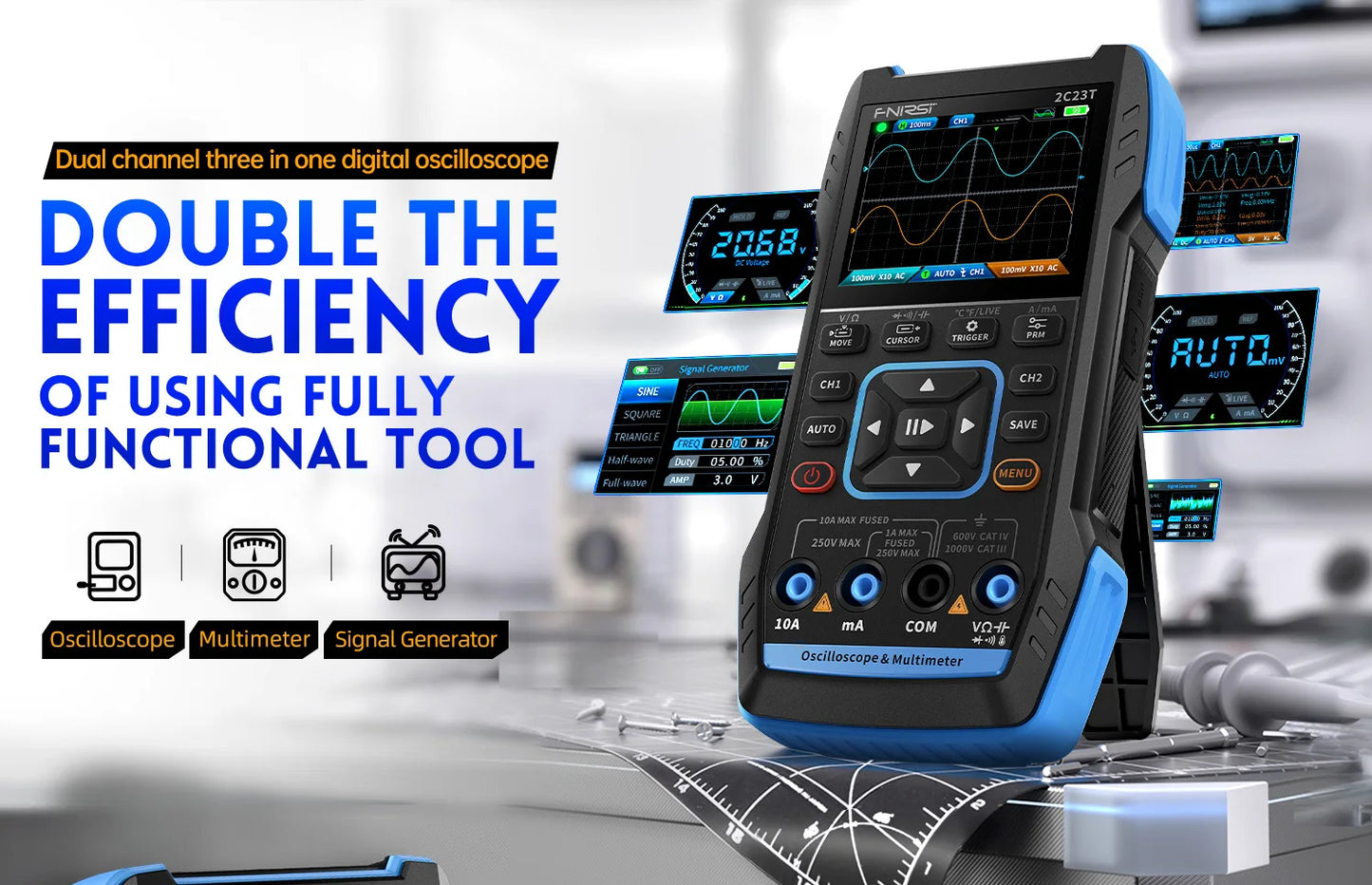 FNIRSI 2C23T Digital Oscilloscope Multimeter+ DDS Signal Generator 3-in-1 10MHz*2 50M Sample rate ACDC Voltage Diode 2MHz Output