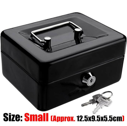 Small Cash Box Black Metal Storage Piggy Bank Safety Deposit for Money