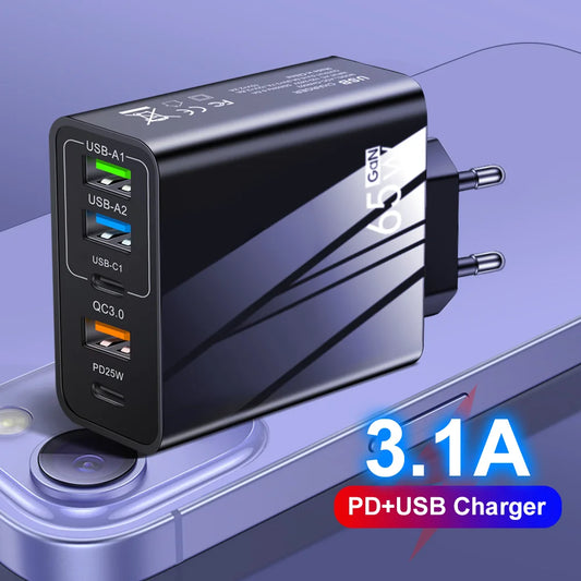 3.1A GaN USB Charger Quick Charge3.0 PD20W Type C Fast Charging Phone Charger For iPhone Xiaomi Samsung EU/US Plug Wall Charger