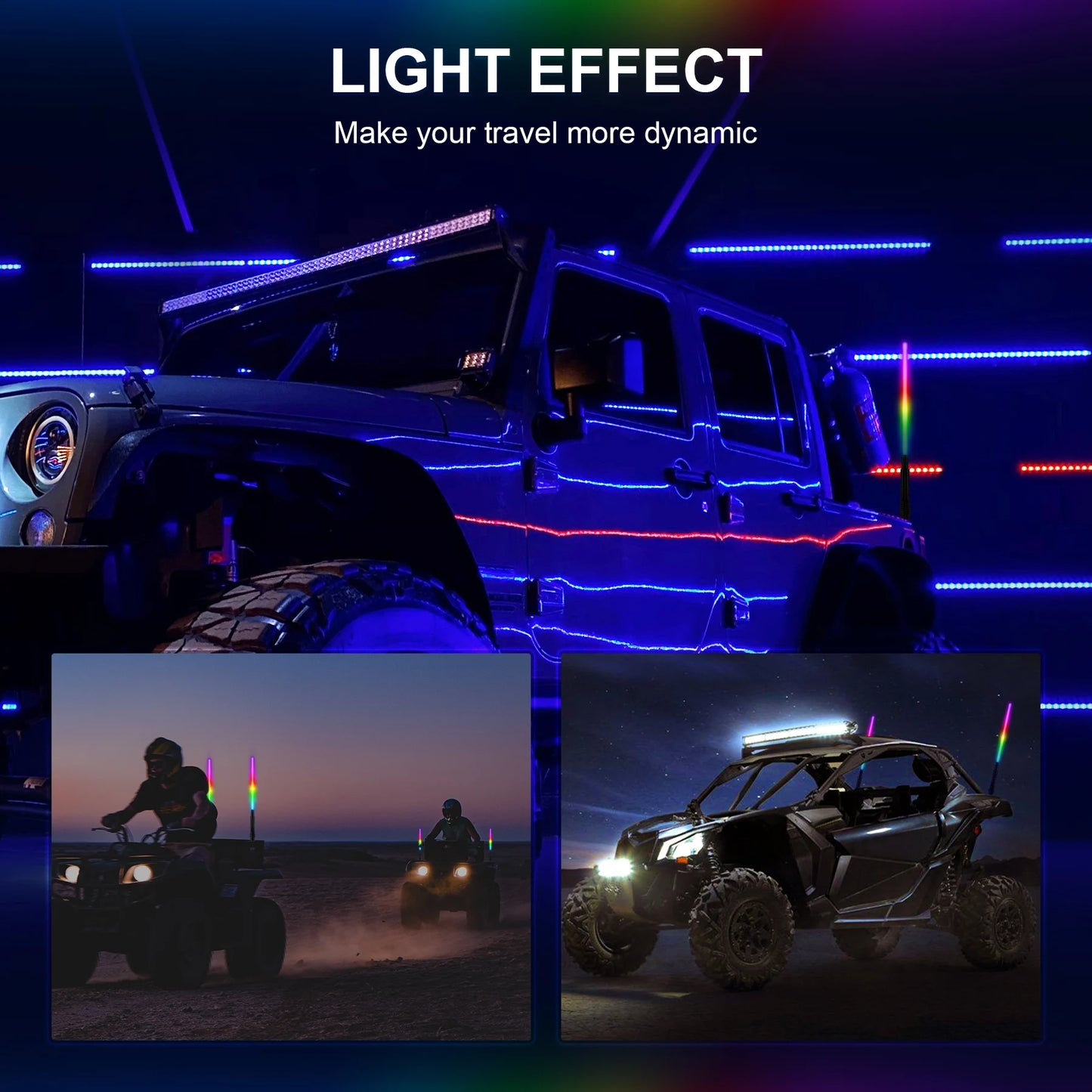 2FT LED Whip Lights Lighted Antenna Whips For ATV UTV Polaris RZR Off Road Truck Sand Buggy Dune Flagpole Lamp
