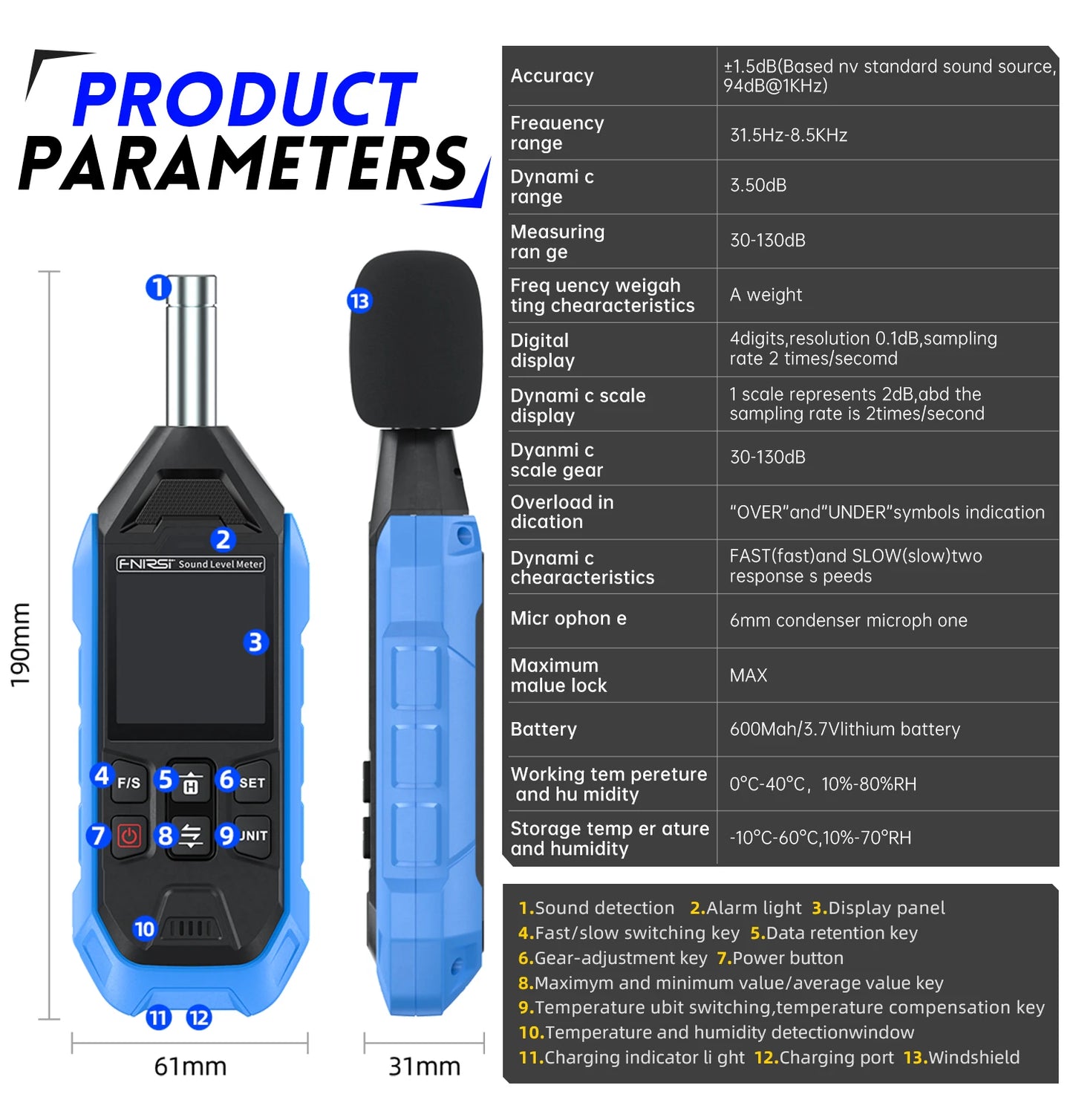 FNIRSI FDM01 Digital Noise Meter Sound Level Meter Handheld DB Meter 30~130dB Audio Measuring Instrument 600mah lithium Battery