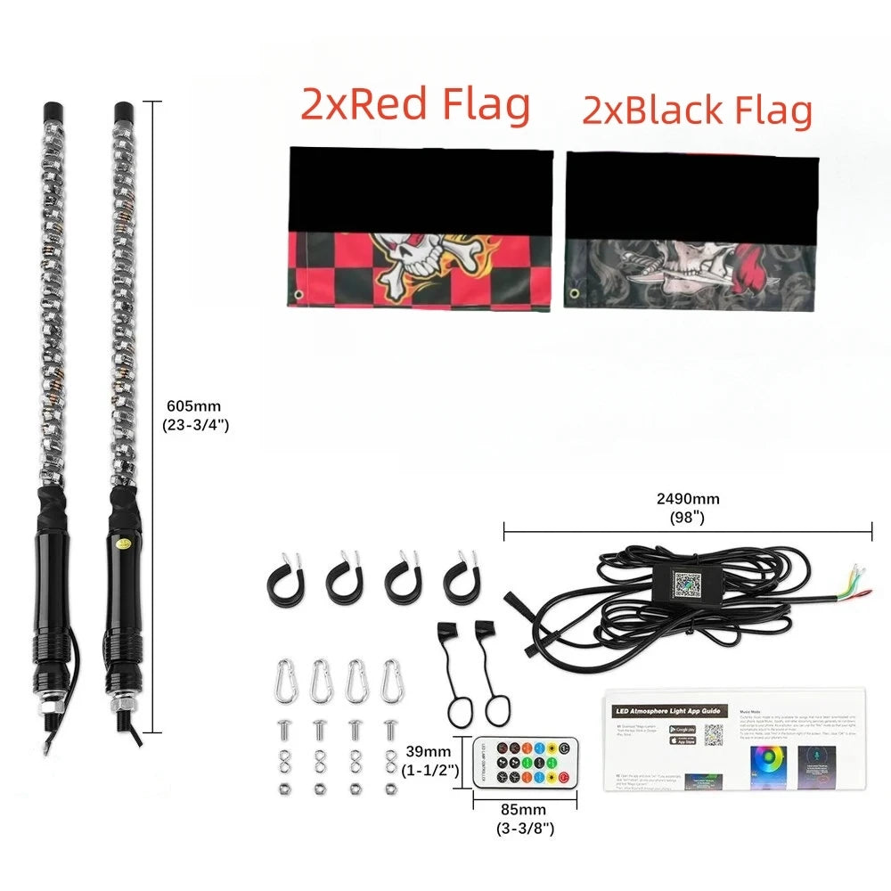 2FT LED Whip Lights Lighted Antenna Whips For ATV UTV Polaris RZR Off Road Truck Sand Buggy Dune Flagpole Lamp