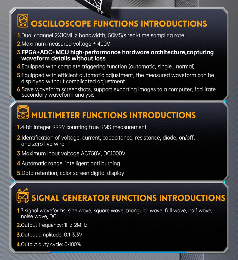 FNIRSI 2C23T 3IN1 Dual Channel Digital Oscilloscope Multimeter + Function Signal Generator 10MHZ*2 50MS/s AC DC 1000V 10A T-RMS