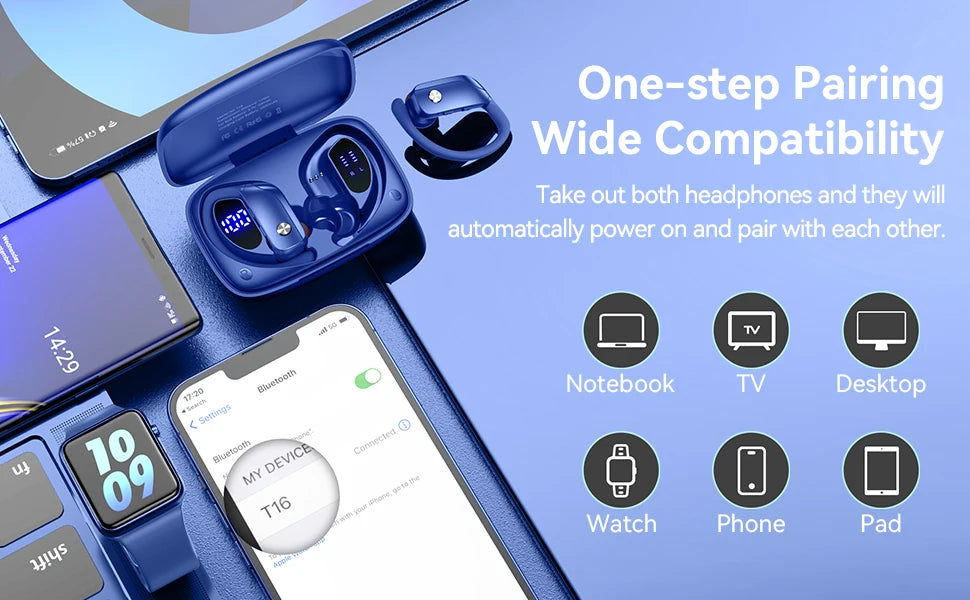 Wireless Earbuds Bluetooth Headphones 48hrs Play Back Sport Earphones with LED Display Over-Ear Buds Headset for Workout Blue