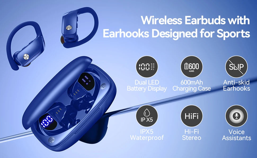 Wireless Earbuds Bluetooth Headphones 48hrs Play Back Sport Earphones with LED Display Over-Ear Buds Headset for Workout Blue