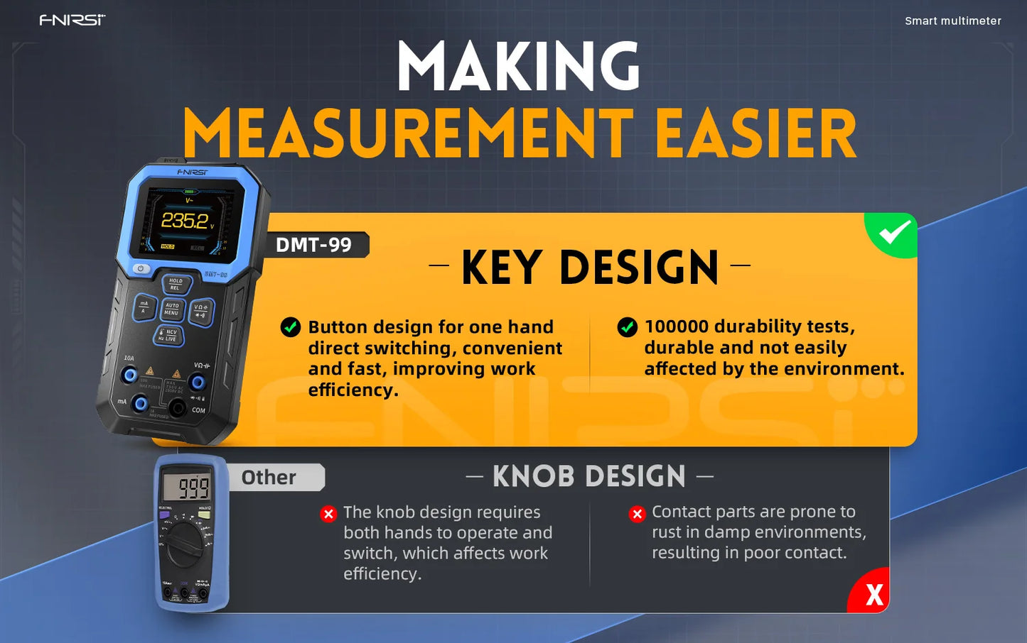 FNIRSI DMT-99 Digital DMM 9999 Counts Smart Professional Tester 1000V 10A True RMS Auto Range AC DC Ohm Hz Capacitance