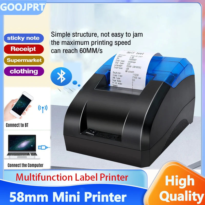 58mm Desktop Bluetooth Wireless Thermal Portable Printer Receipt Bill POS  Compatible with Windows/Linux/Mac/Android/iOS Systems