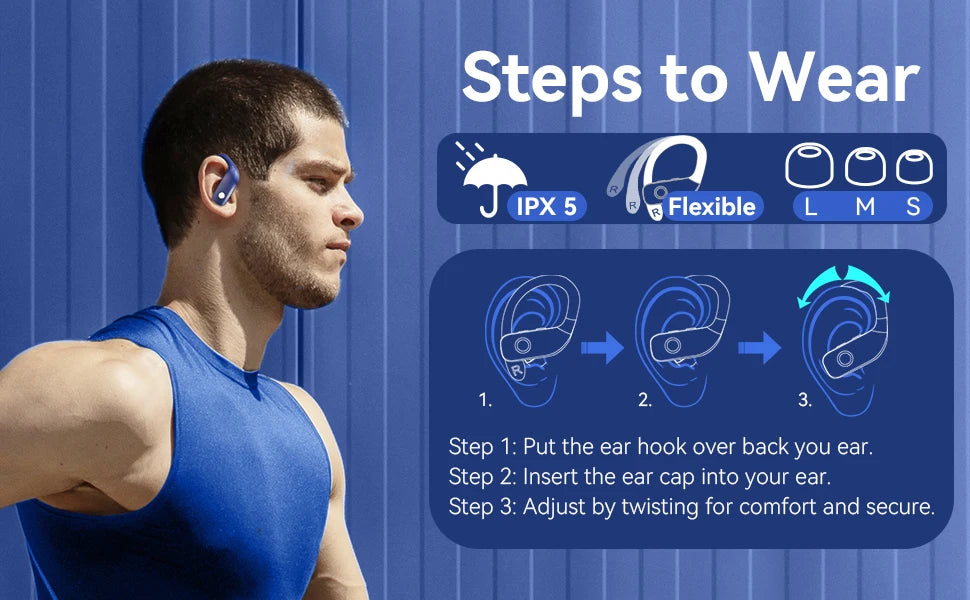 Wireless Earbuds Bluetooth Headphones 48hrs Play Back Sport Earphones with LED Display Over-Ear Buds Headset for Workout Blue