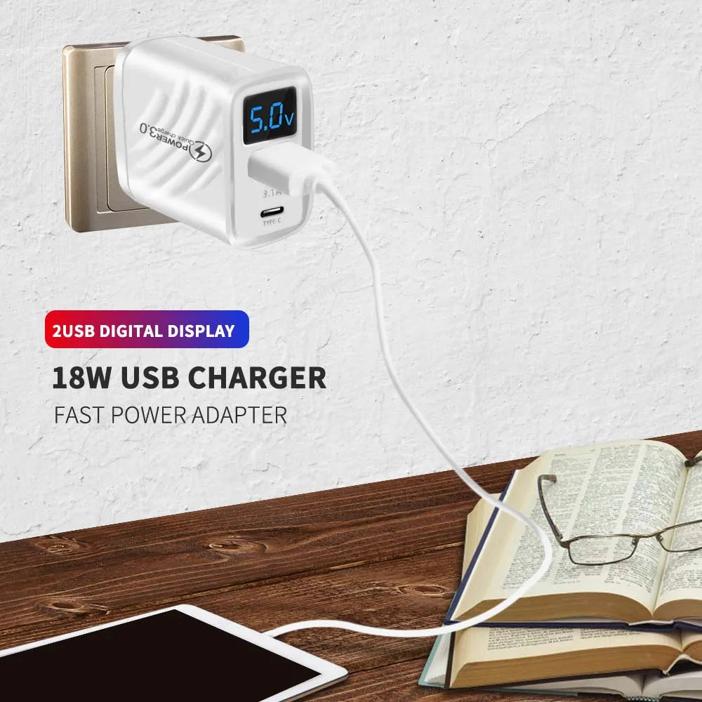 20W USB Charger Fast Charging 2 Ports Type C Phone Charger Adapter For iPhone Samsung Xiaomi Digital Display USB C Wall Charger