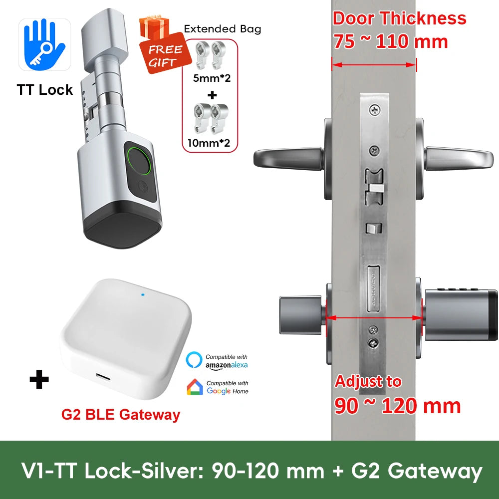 RAYKUBE V1 Adjustable TT Lock/ Tuya Bluetooth Smart Fingerprint Digital Cylinder Lock with APP/Password/RFID Card/Key  unlock