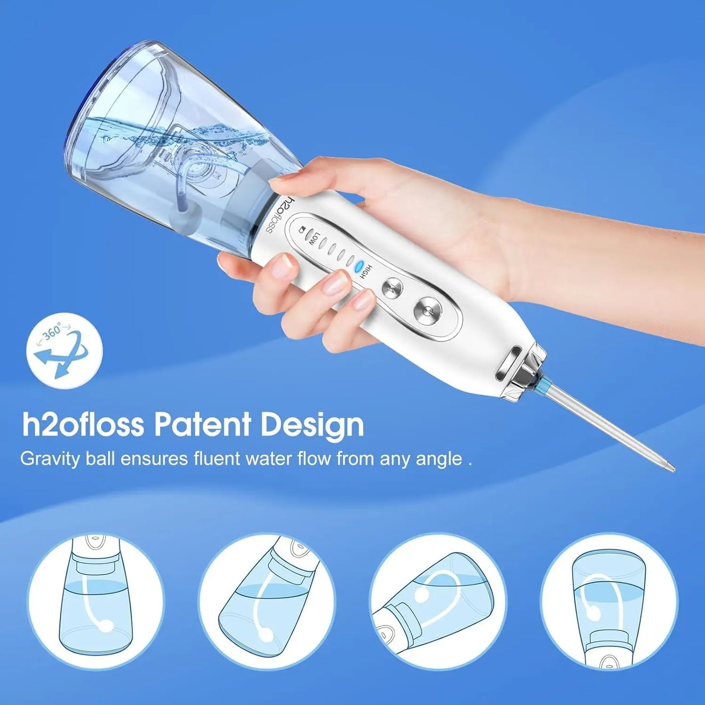 h2ofloss Dental Oral Irrigator Portable Water Flosser for Teeth Braces Rechargeable Home and Travel 5 Modes Waterproof