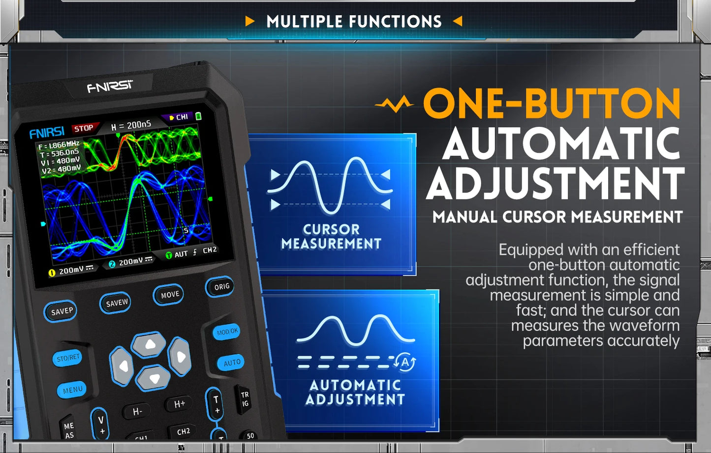 FNIRSI DPOX180H Handheld Dual Channel Digital Oscilloscope 180MHz-3DB 2 In 1 Function Signal Generator Fluorescence Display ZOOM
