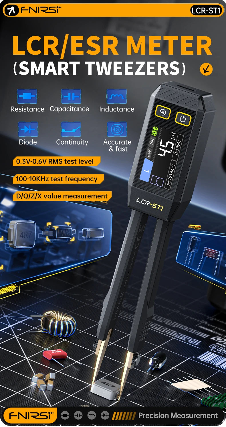 FNIRSI LCR-ST1 Mini Smart Tweezer LCR SMD ESR Tester Resistance Capacitance Inductance Continuity Diode Test Measurement Tools