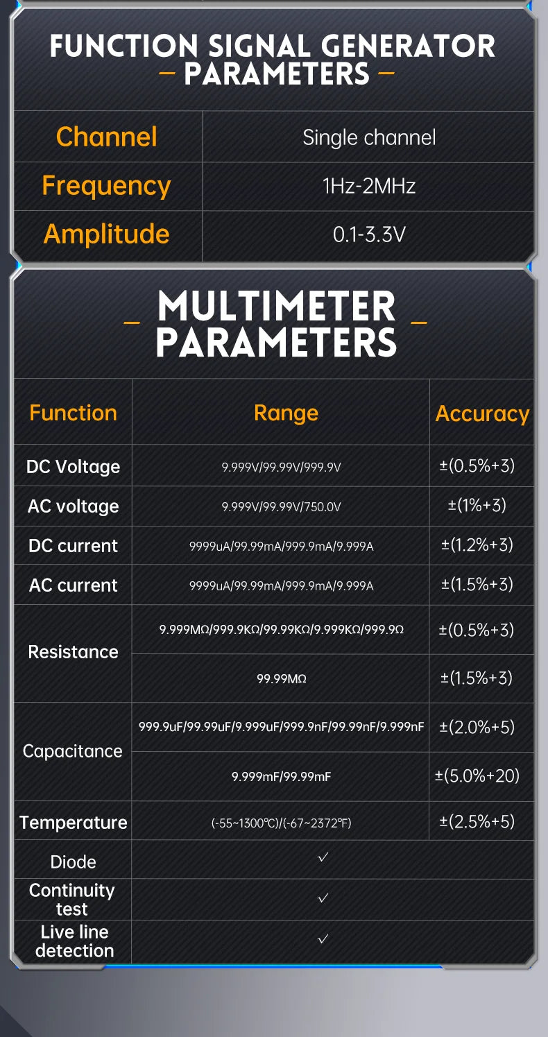 FNIRSI 2C23T 3IN1 Dual Channel Digital Oscilloscope Multimeter + Function Signal Generator 10MHZ*2 50MS/s AC DC 1000V 10A T-RMS