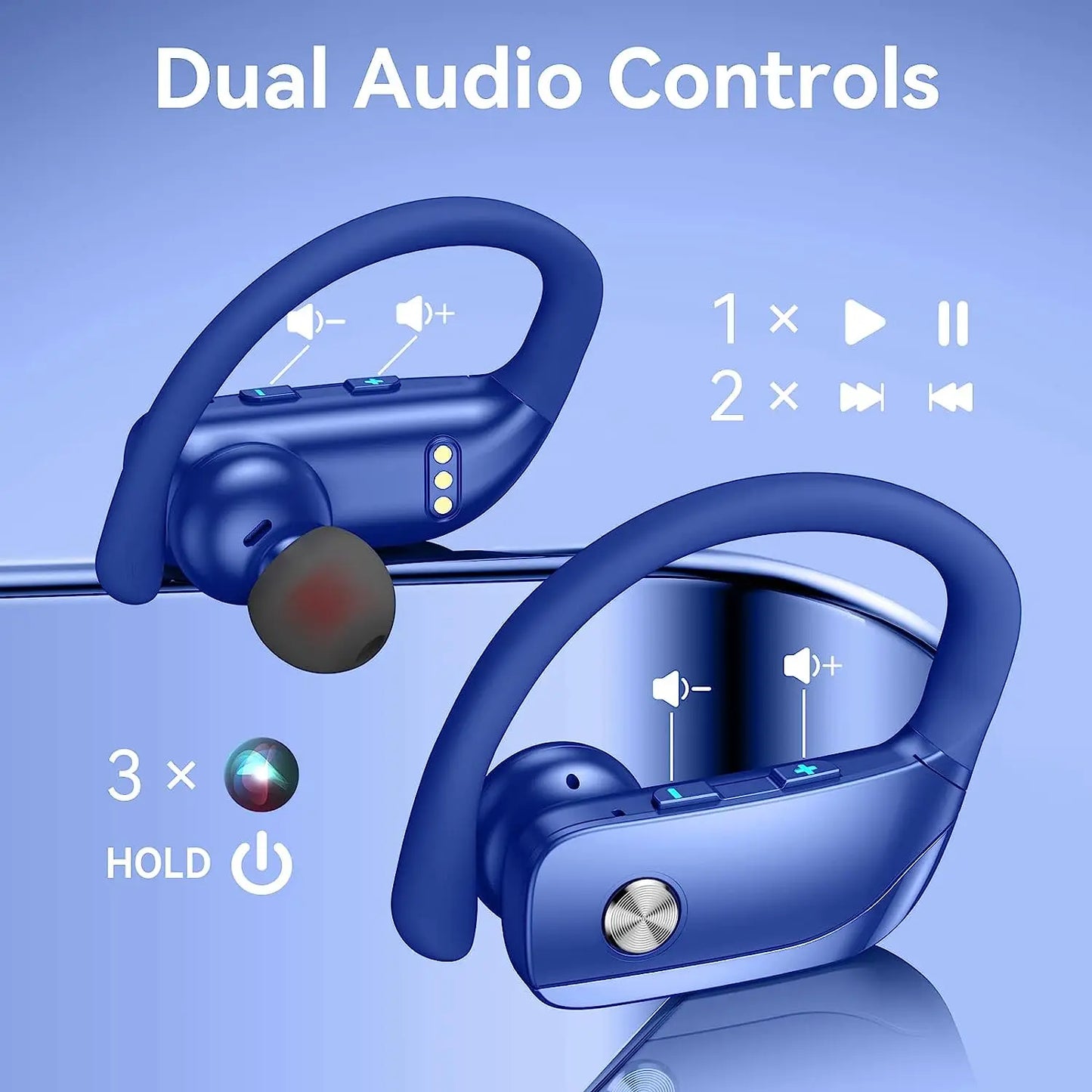 Wireless Earbuds Bluetooth Headphones 48hrs Play Back Sport Earphones with LED Display Over-Ear Buds Headset for Workout Blue